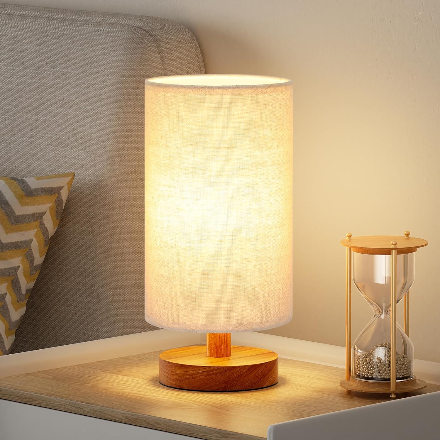 Beige Bedside Lamp — 9" — Beige Shade - Walnut Base