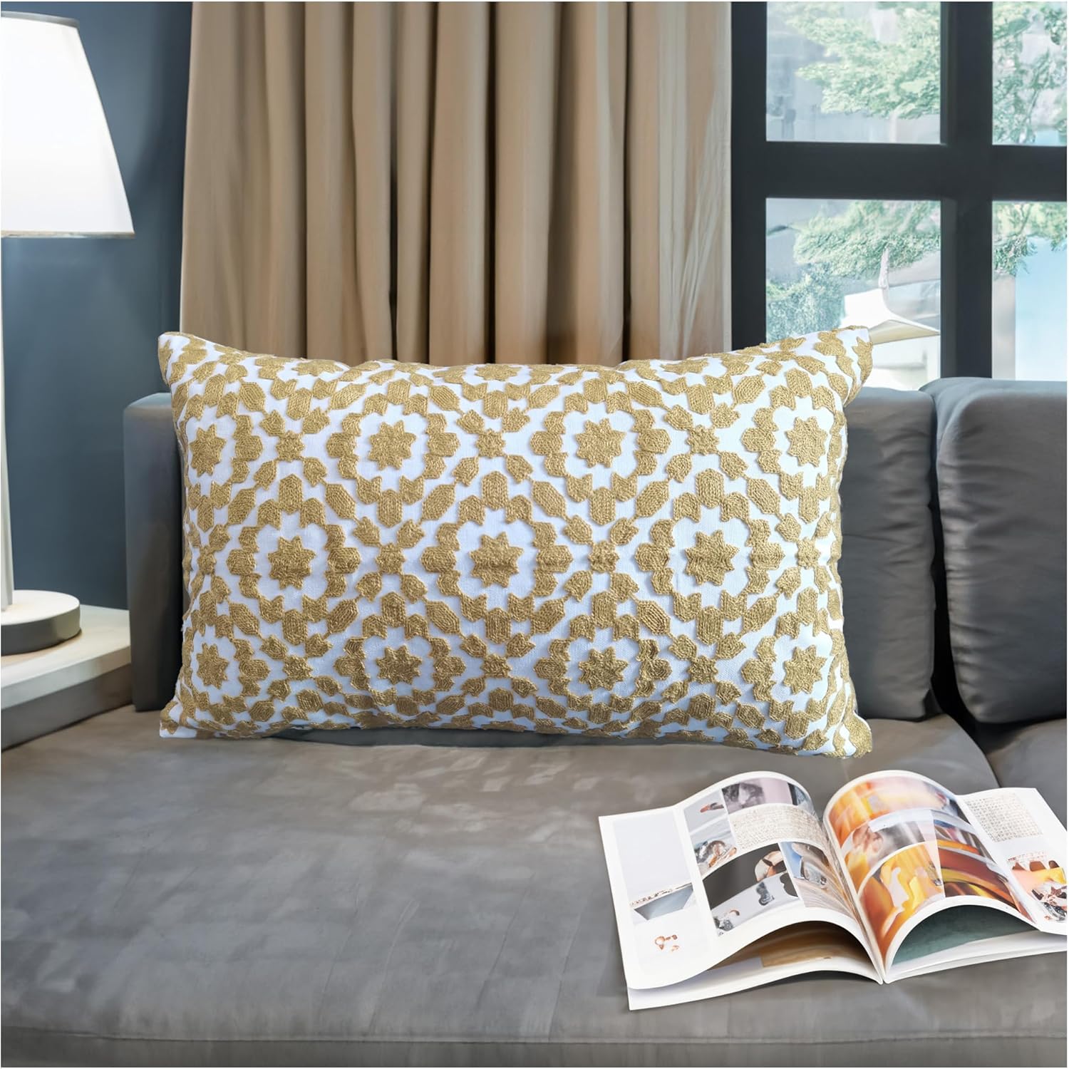 Embroidered Boho Beige Throw Pillow Cover — 20" — 19.7" x 11.8" (Pack of 1)