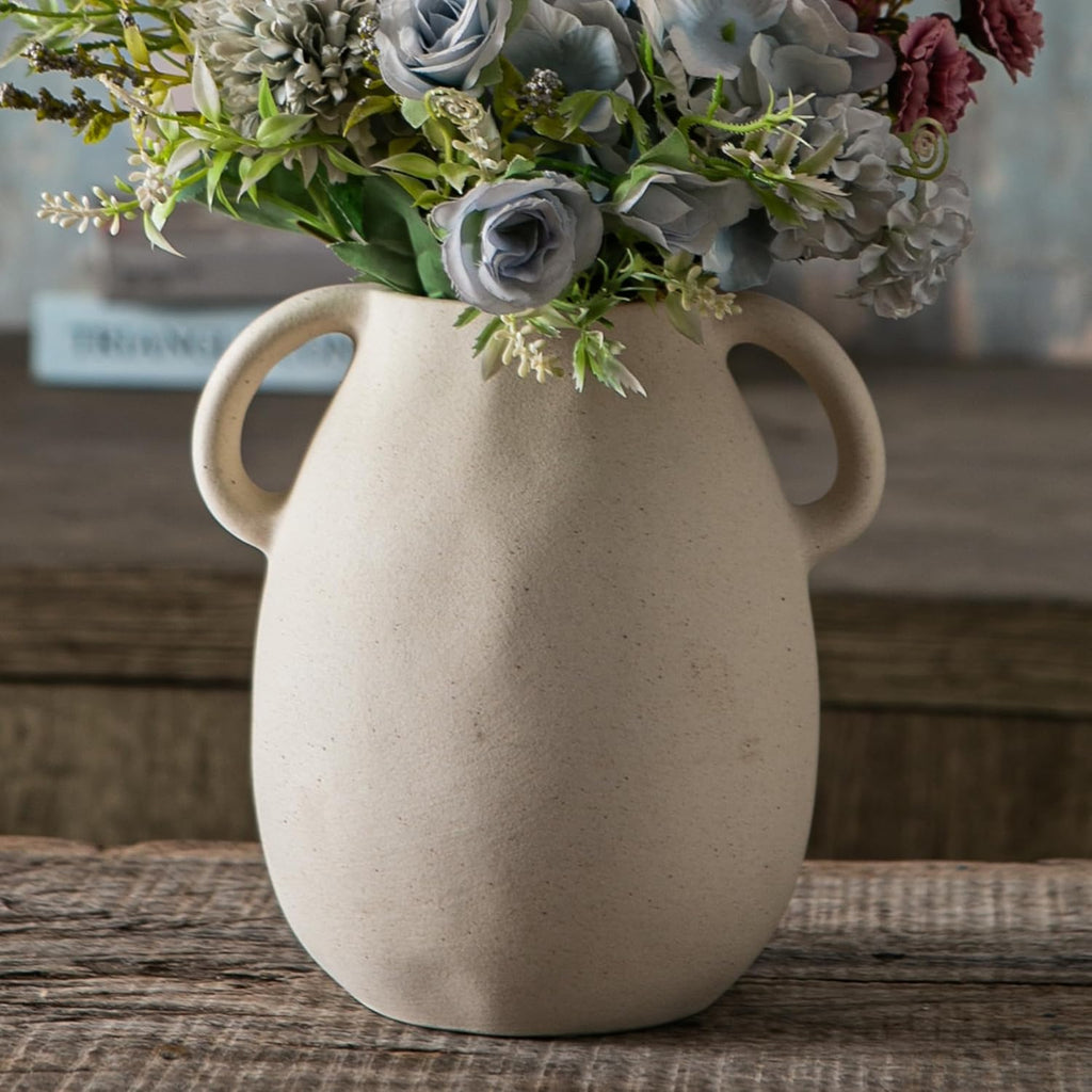 Farmhouse Black Flower Vase — 7" — Double Handle - Off White