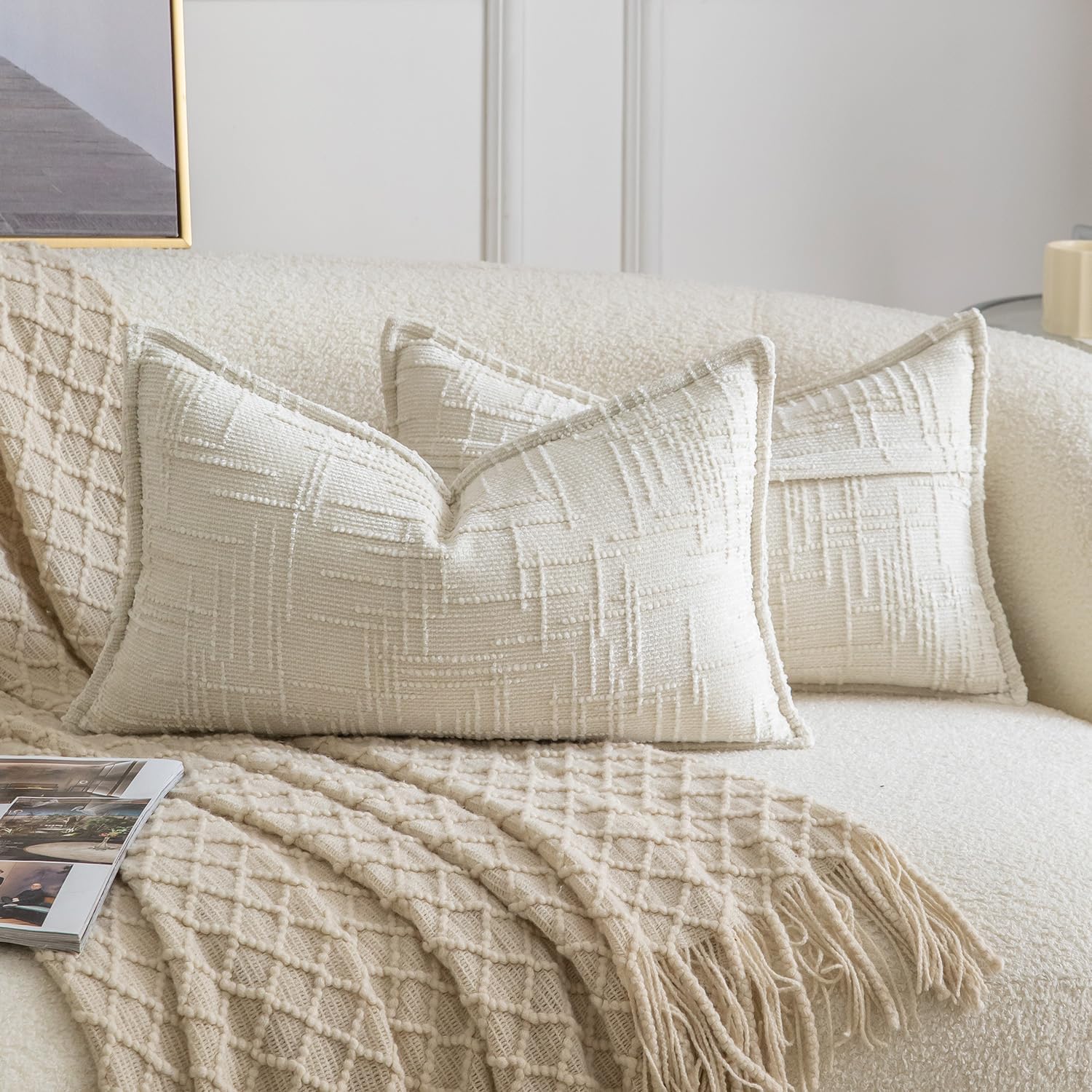 Chenille Boho Beige Throw Pillow Cover — 18" — Cream White