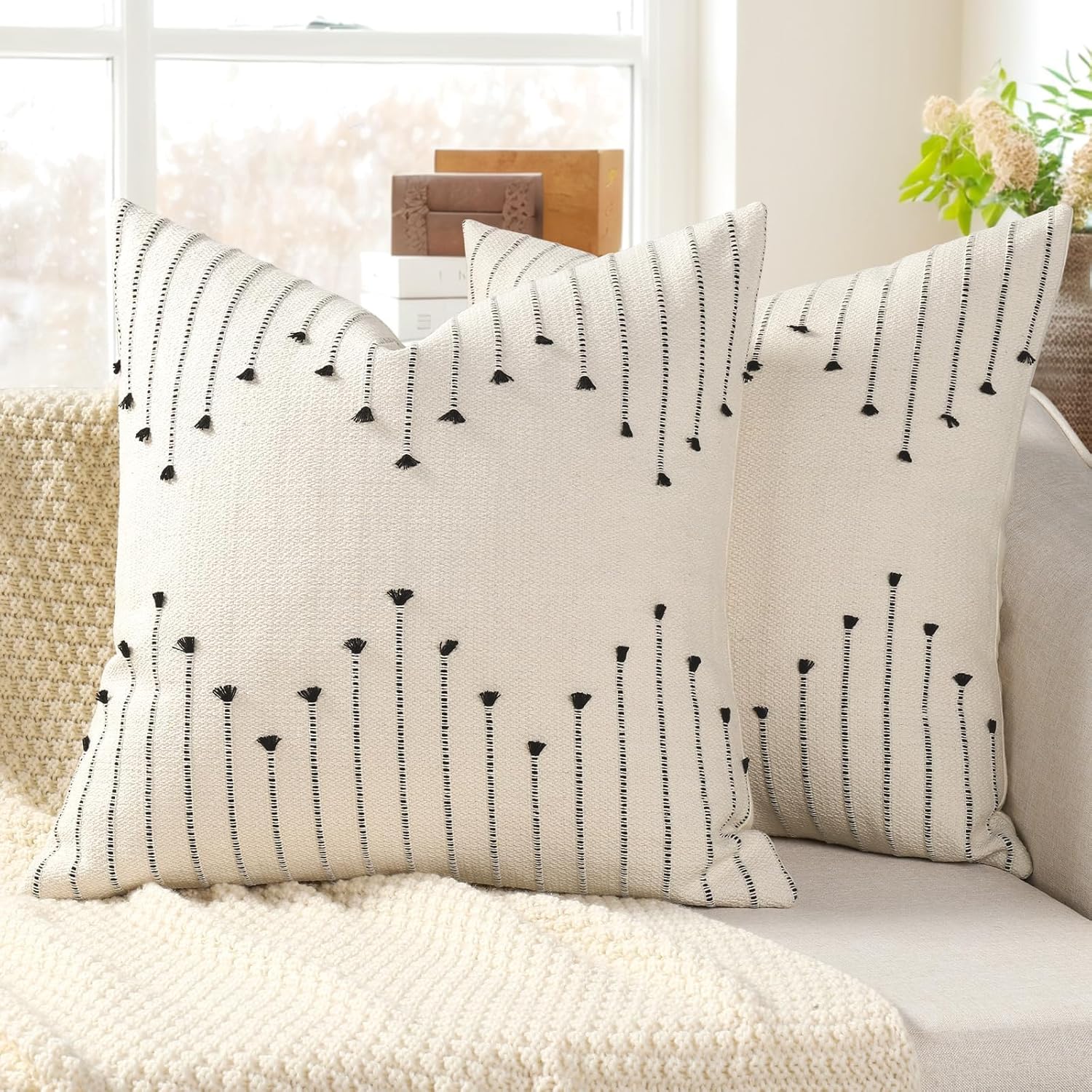Tufted Boho Beige Throw Pillow Cover — 18" — Black
