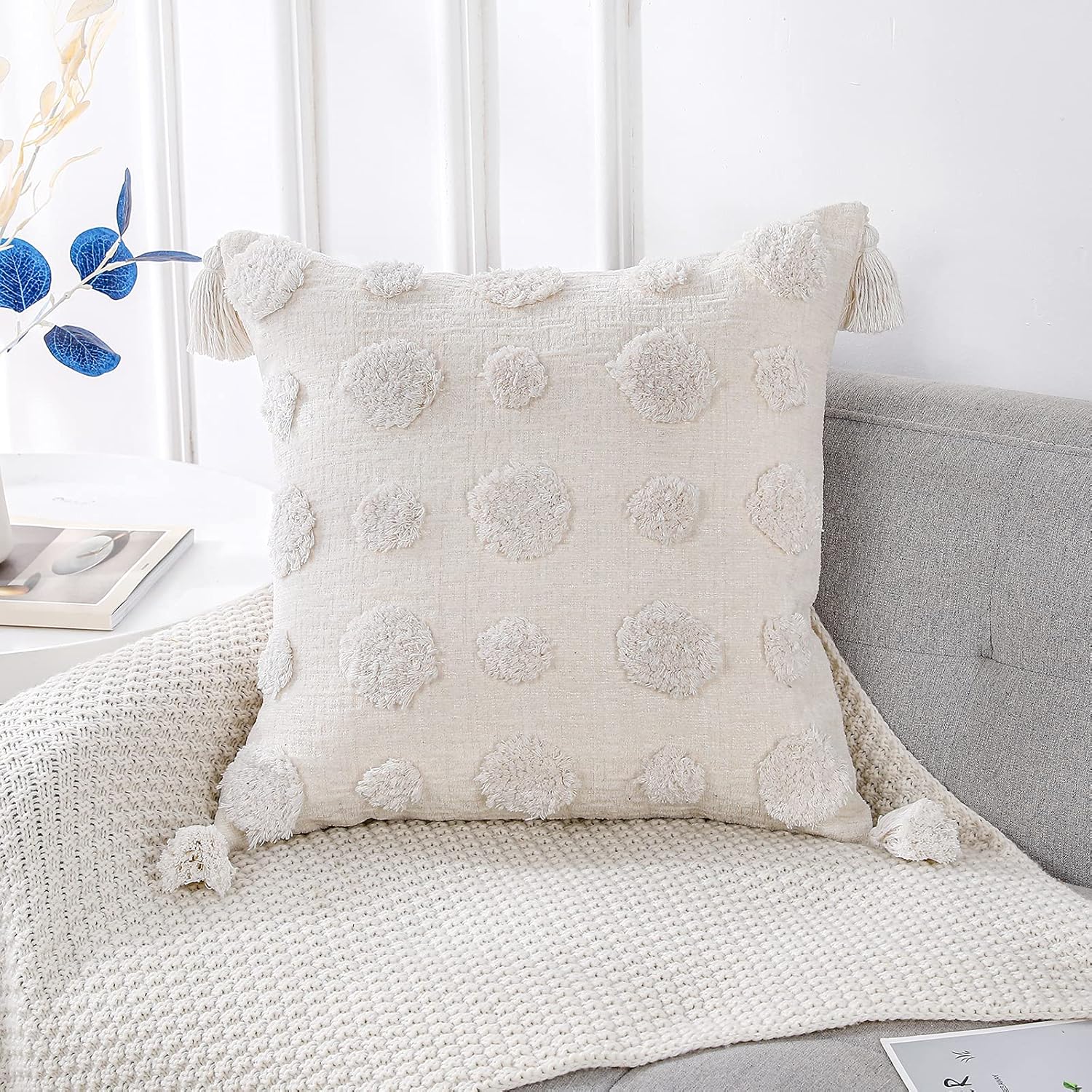 Tufted Boho Black Throw Pillow Cover — 20" — White