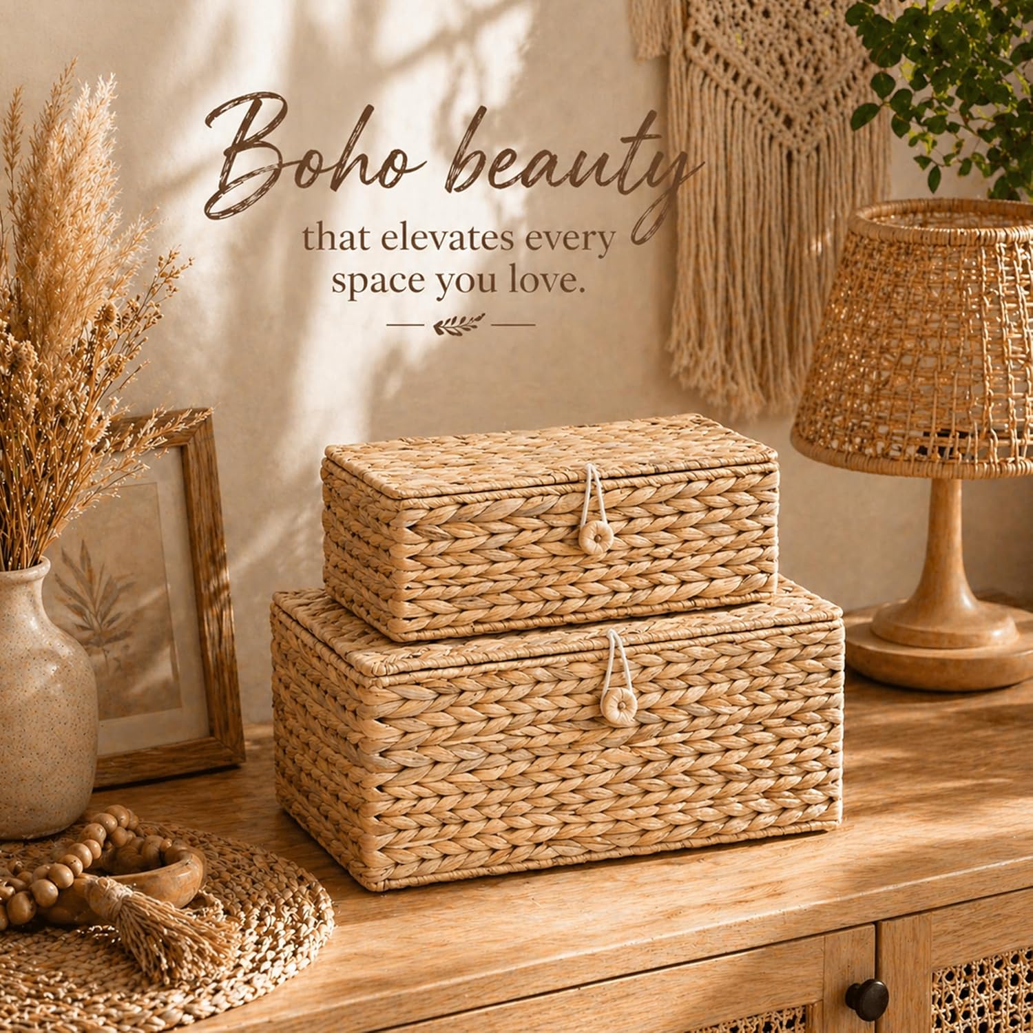 Rectangular Boho Rattan Storage Bin — Set of 2 - View 3