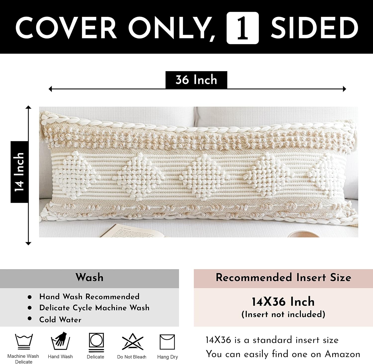 Lumbar Boho Beige Throw Pillow Cover — 36" - View 12