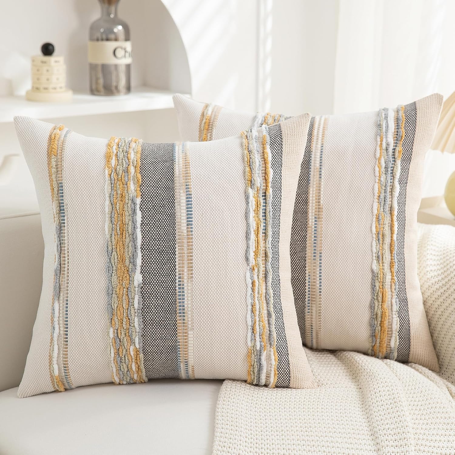 Chenille Boho Black Throw Pillow Cover — 18x18 — Orange-gray Stripe