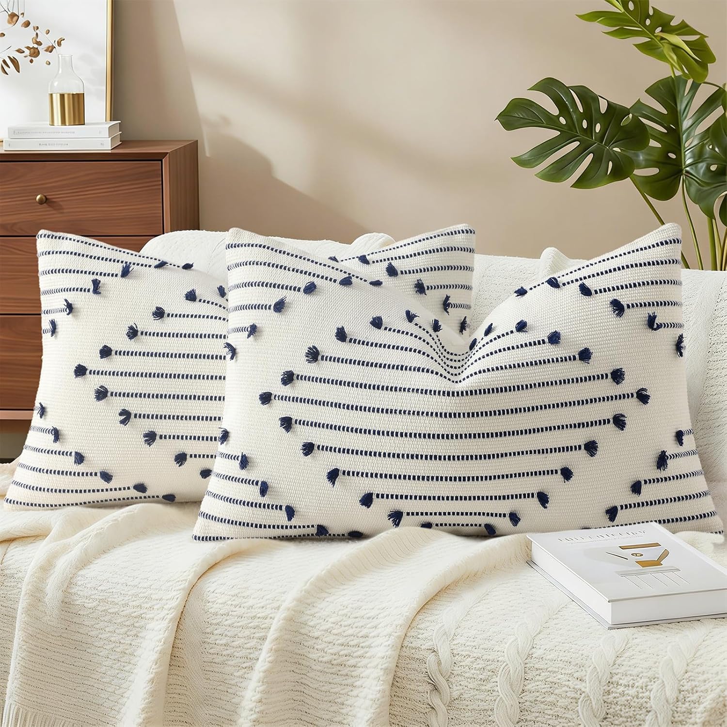 Boho Beige Throw Pillow Cover — 18" — Navy Blue