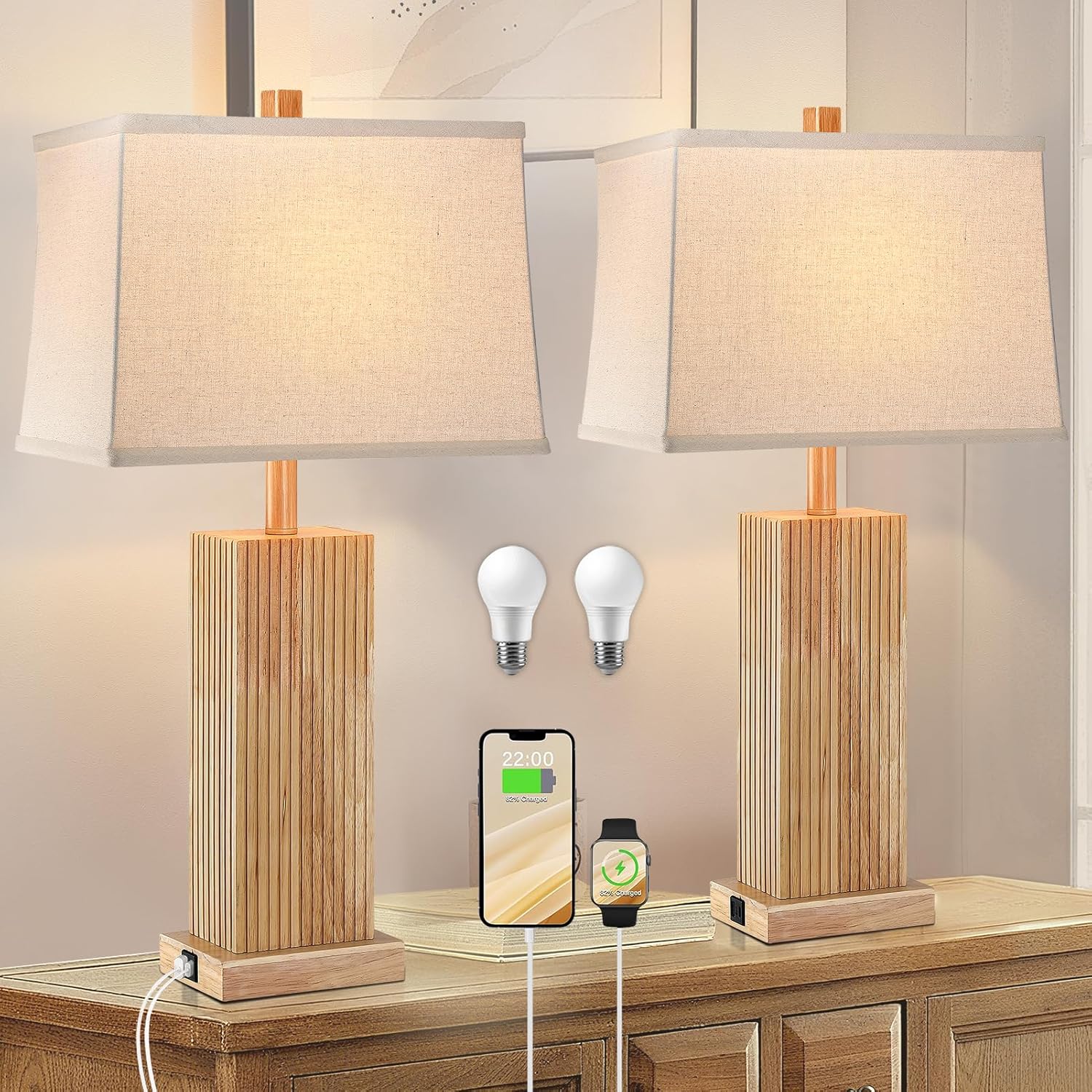 USB Charging Farmhouse Beige Table Lamp — 27.5" — Natural Wood 2 Pack