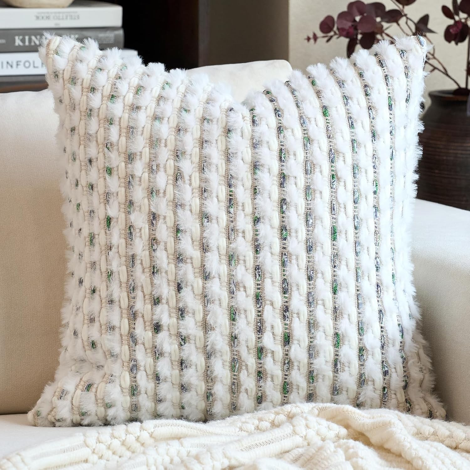 Tufted Boho Blue Throw Pillow Cover — 18" — Green White