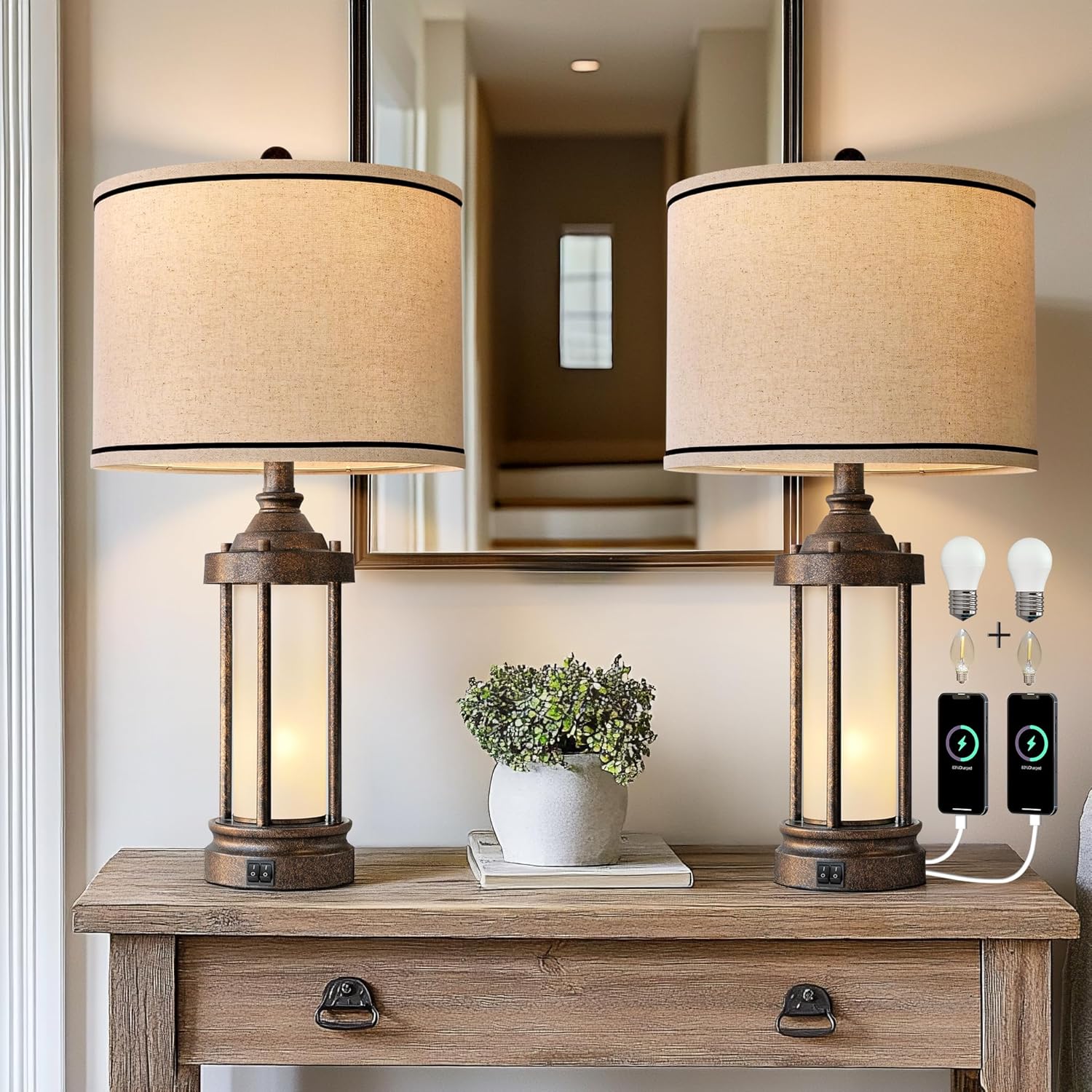 USB Farmhouse Black Table Lamp — 25" — Bronze