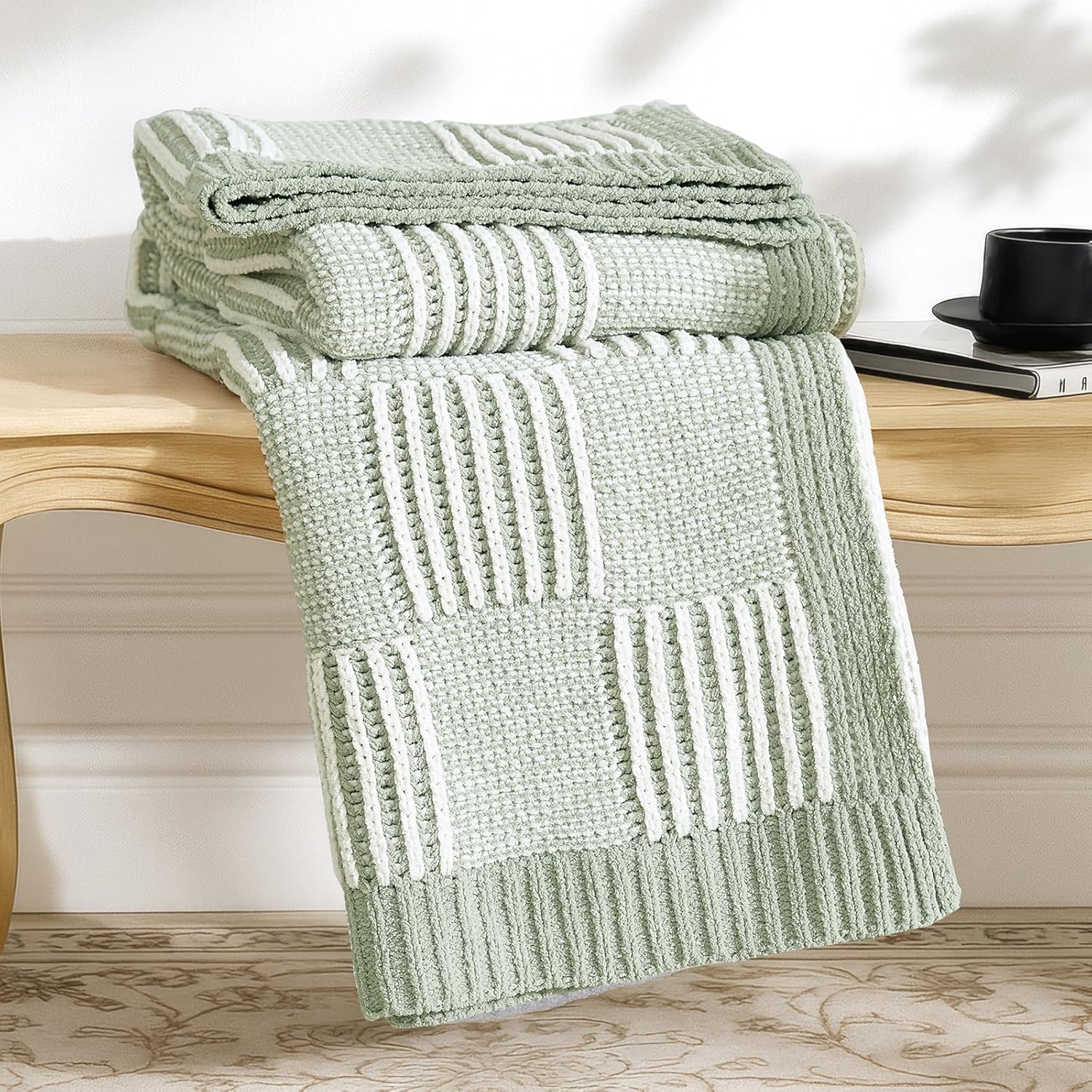 Knit Beige Throw Pillow — 50" — Checkered Sage Green&ivory