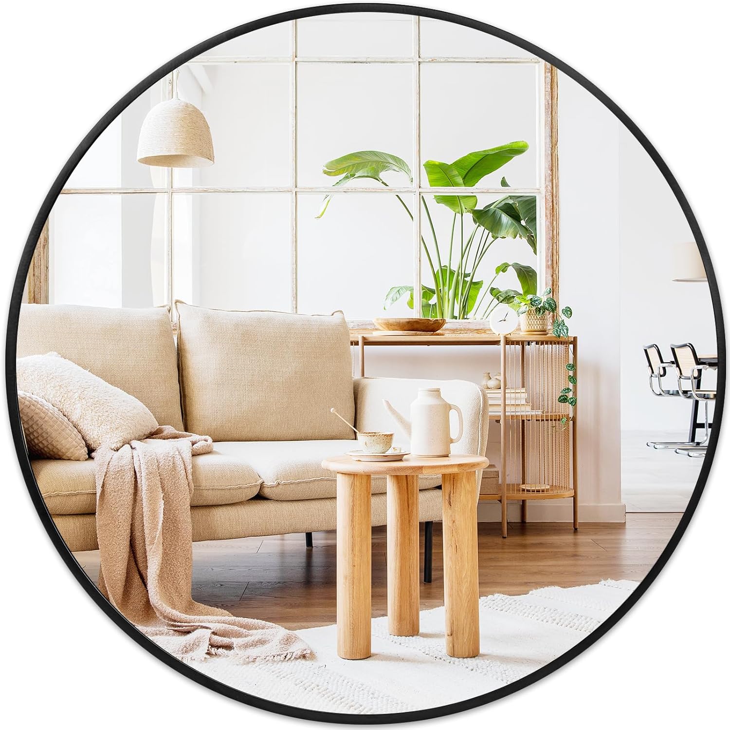 Framed Beige Round Mirror — 20" — 30"L x 30"W