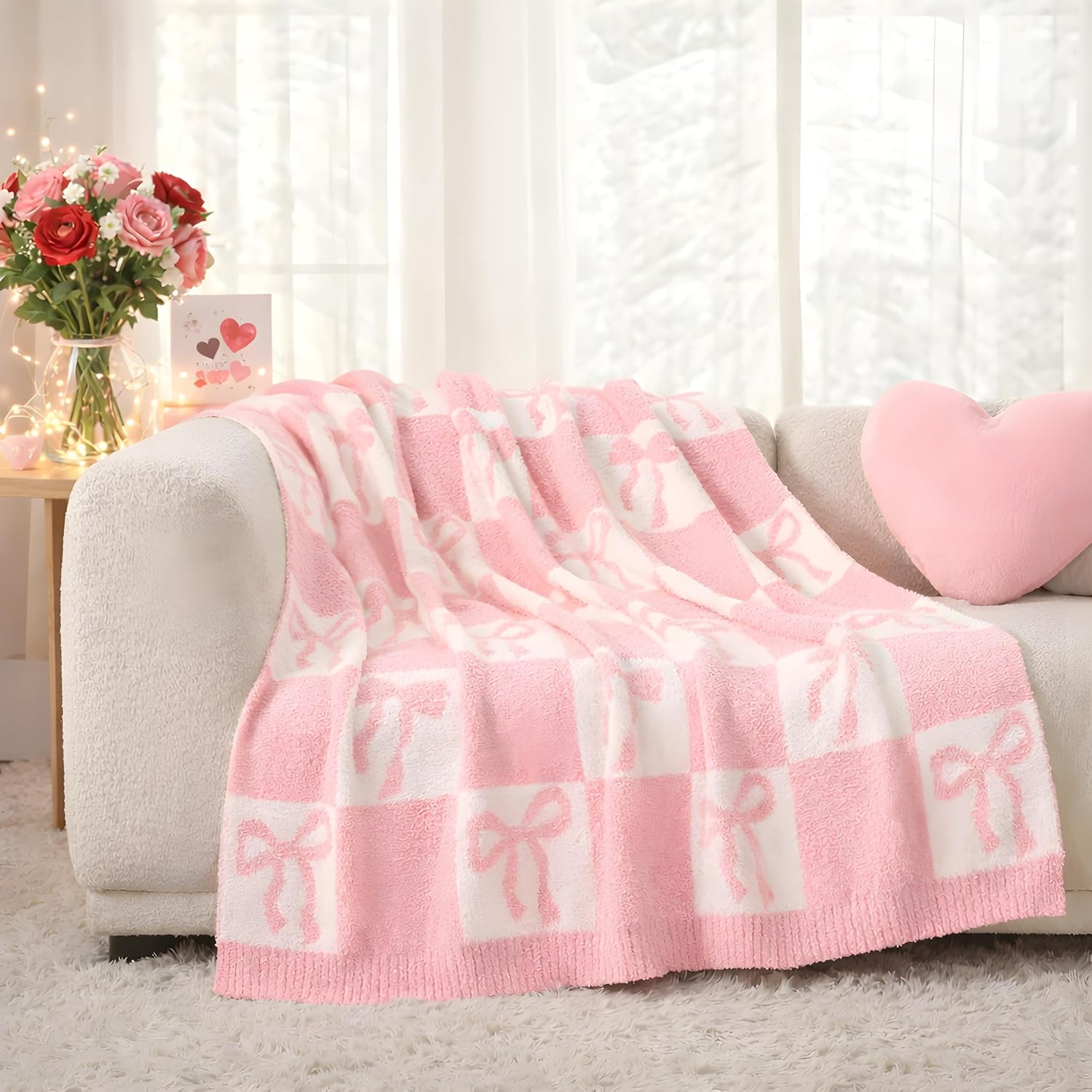 Beige Throw Pillow — 50" — Pink Bow