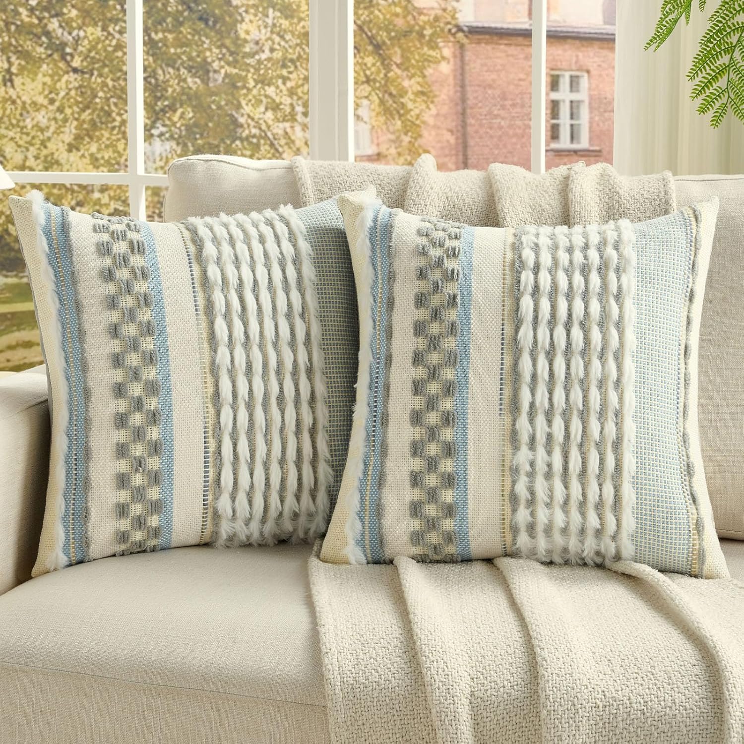 Tufted Boho Beige Throw Pillow Cover — 18" — Grey