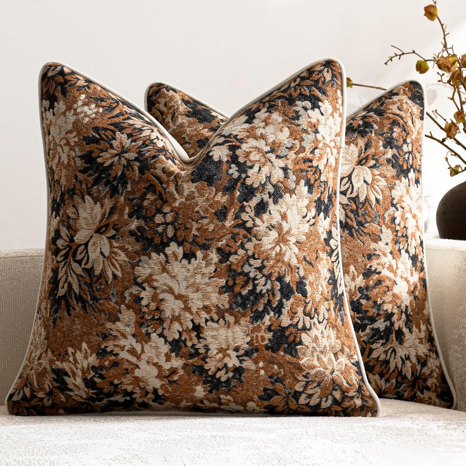 Chenille Boho Beige Throw Pillow — 26" — Cognac