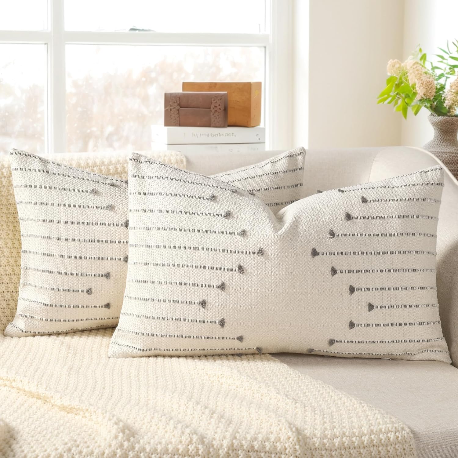 Tufted Boho Beige Throw Pillow Cover — 18" — Gray