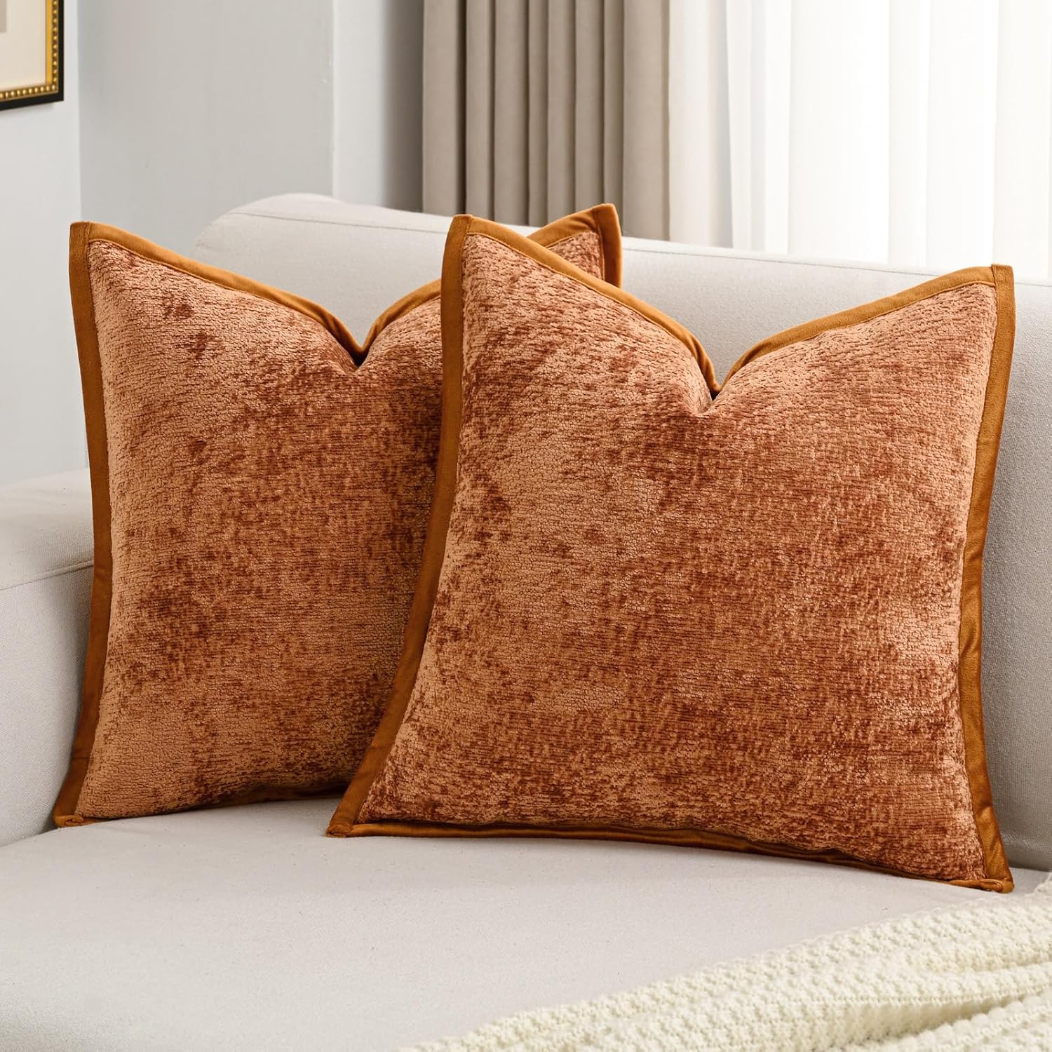 Chenille Beige Throw Pillow Cover — 20" — Rust
