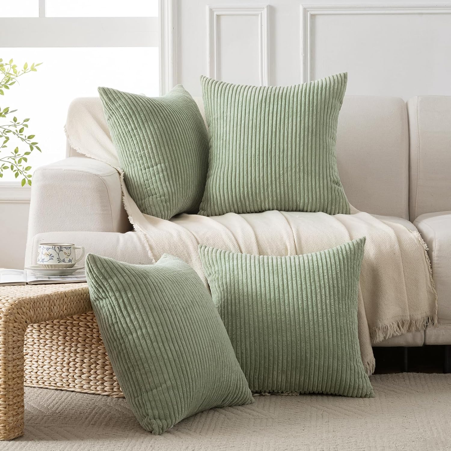 Boho Beige Throw Pillow Cover — 18" — Sage Green