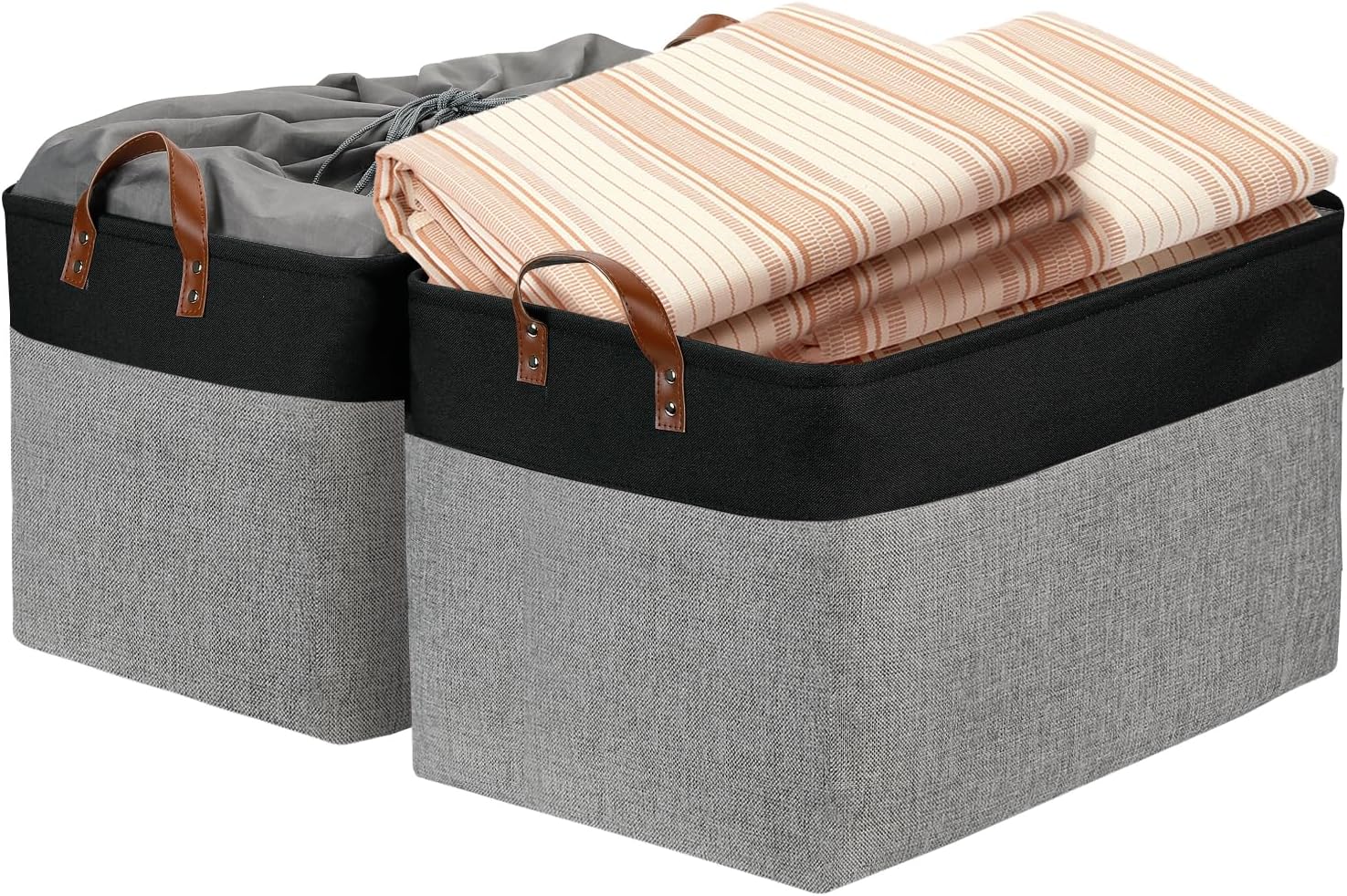 Beige Storage Basket — 17" — Black&Grey-Leather Handles