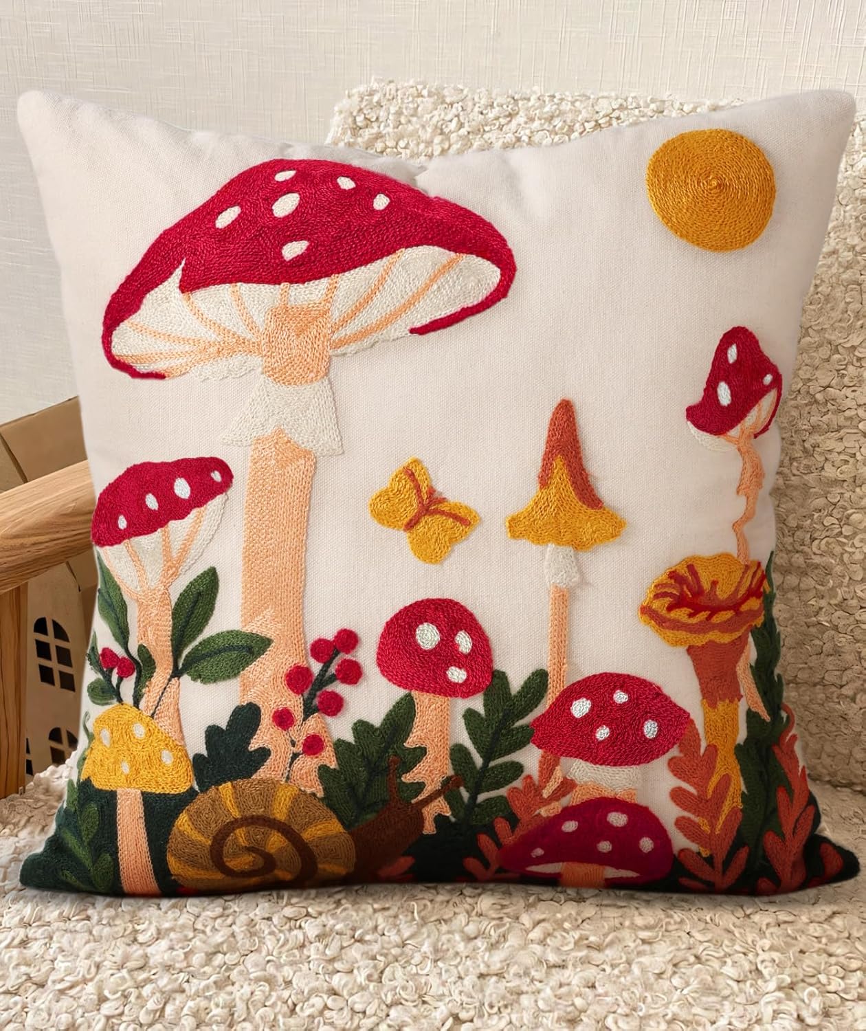 Embroidered Boho Red Throw Pillow Cover — 18" — Mushroom Moon