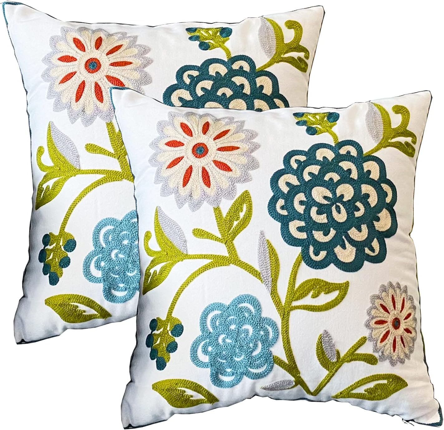 Embroidered Boho White Throw Pillow Cover — 18x18 — Pattern C