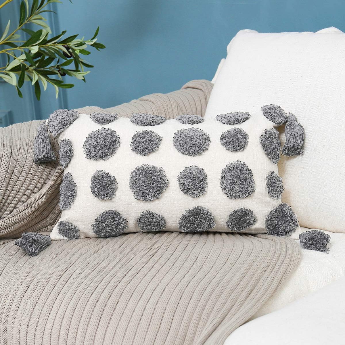 Tufted Boho Grey Throw Pillow Cover — 20" — Light Grey
