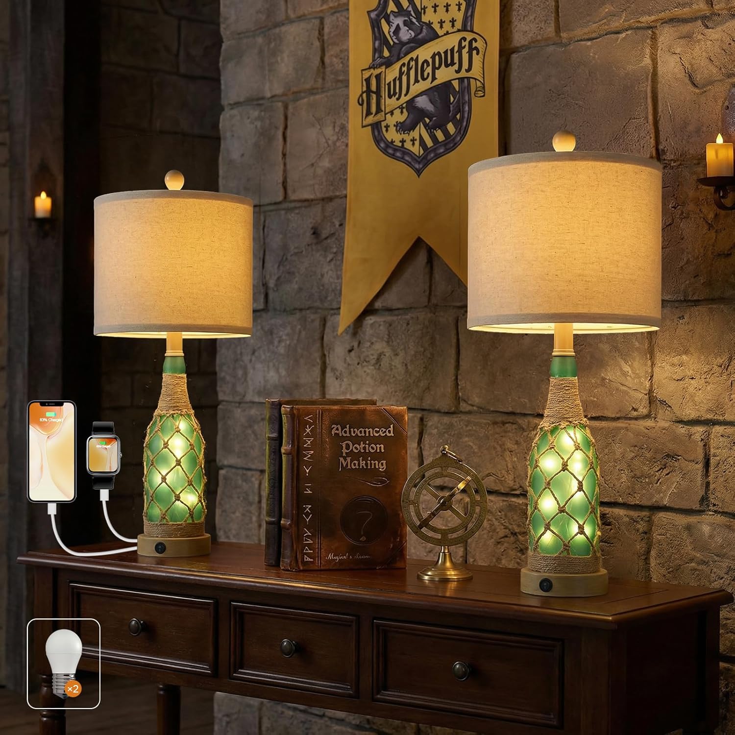 USB Boho Black Bedside Lamp — Set of 2 — Green