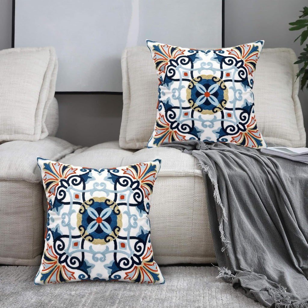 Embroidered Boho Blue Throw Pillow Cover — 18" - View 3