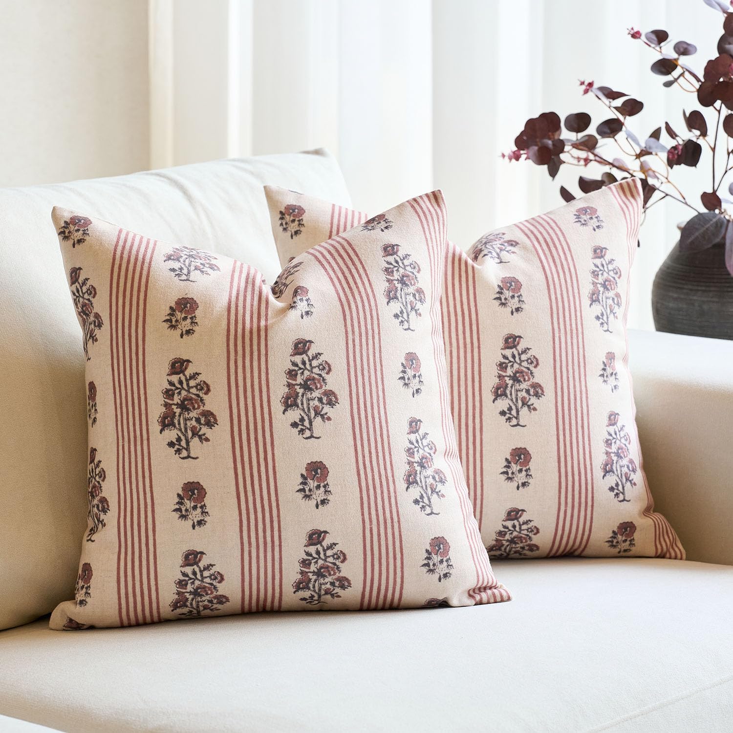 Farmhouse Beige Throw Pillow Cover — 18" — Red