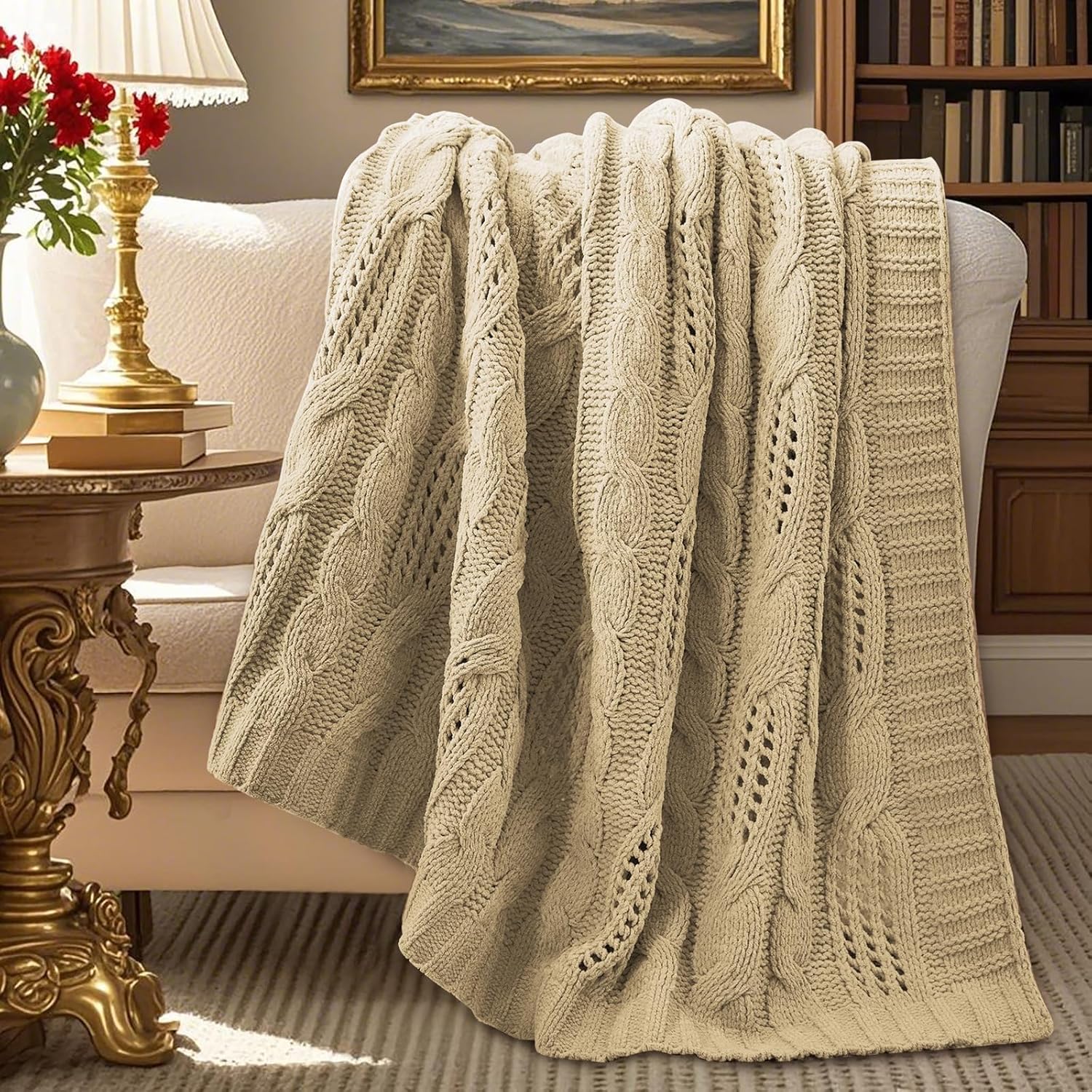Knit Farmhouse Beige Throw Pillow — 50" — Beige