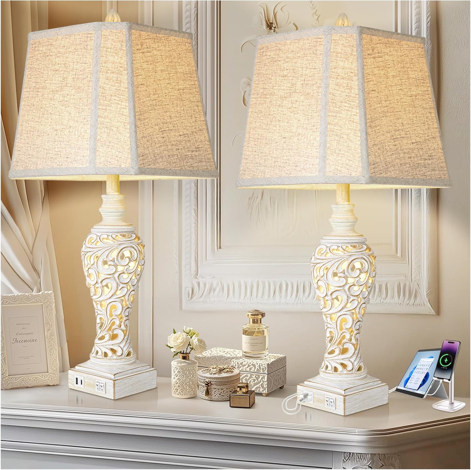 USB Beige Bedside Lamp — 28.5" — White-Set of 2