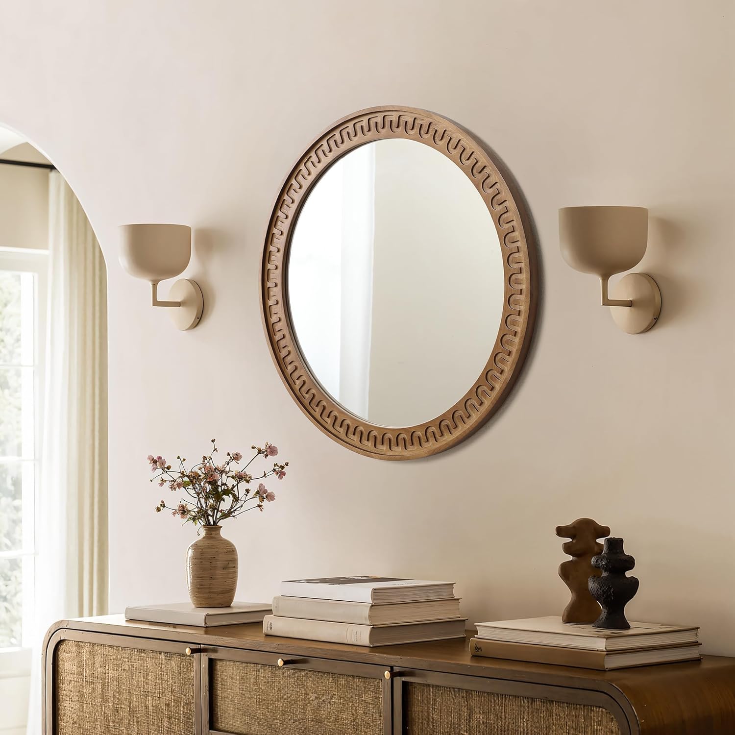 Round Farmhouse Wood Wall Mirror — 25.8" - View 3