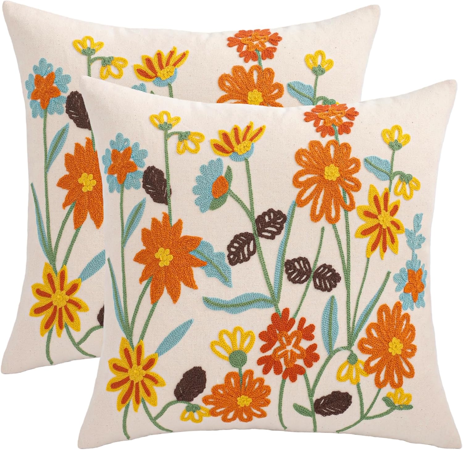 Embroidered Boho Blue Throw Pillow Cover — 18" — Orange Wildflower
