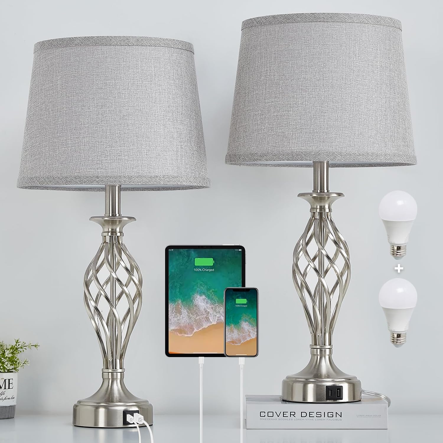USB Modern Beige Bedside Lamp — Set of 2 — Silver Base + Grey Lampshade