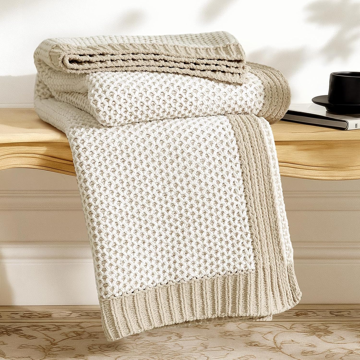 Knit Farmhouse Beige Throw Pillow — 50" — Two-tone Honeycomb – Khaki & White