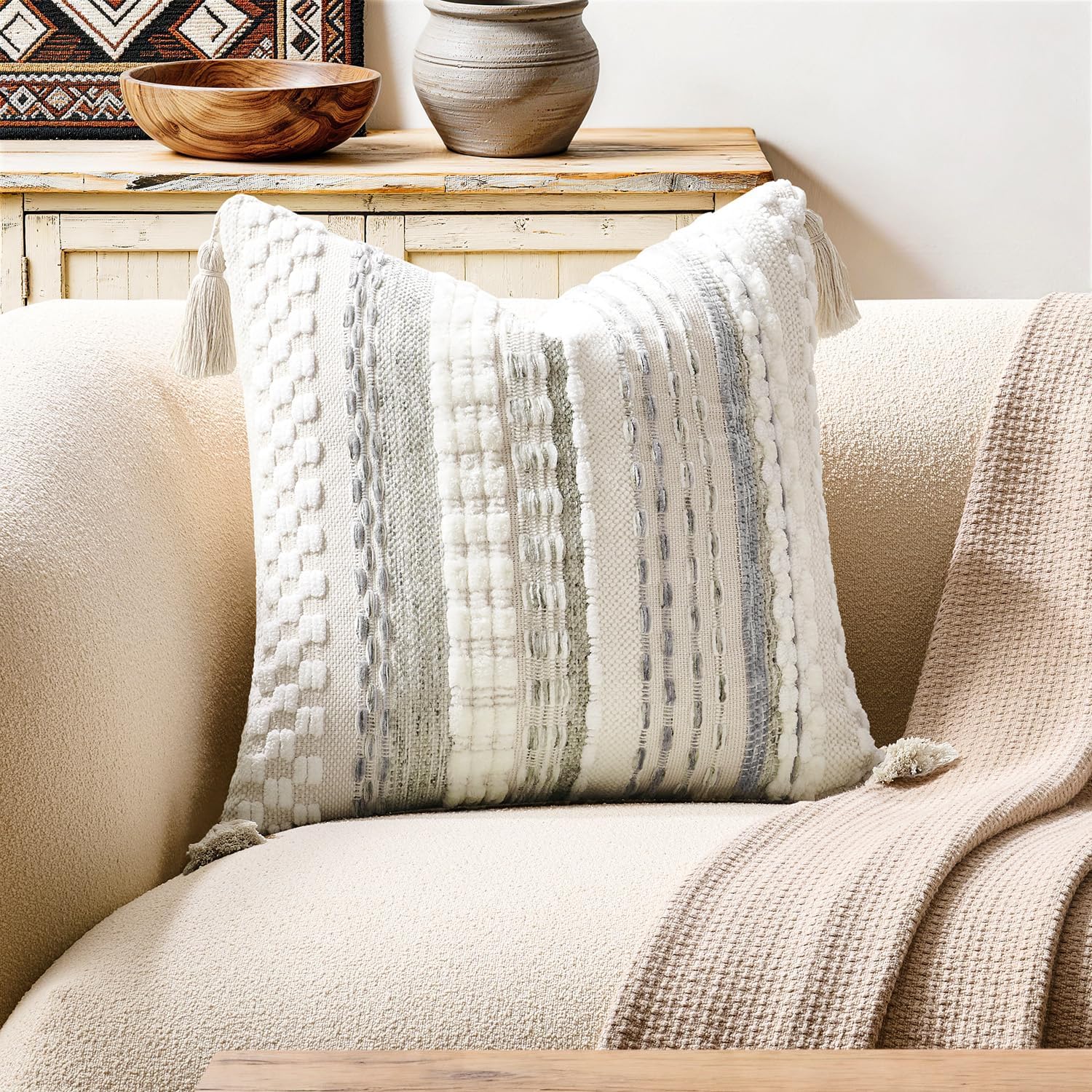 Tufted Boho Beige Throw Pillow Cover — 20" — 18" x 18" (Pack of 1)