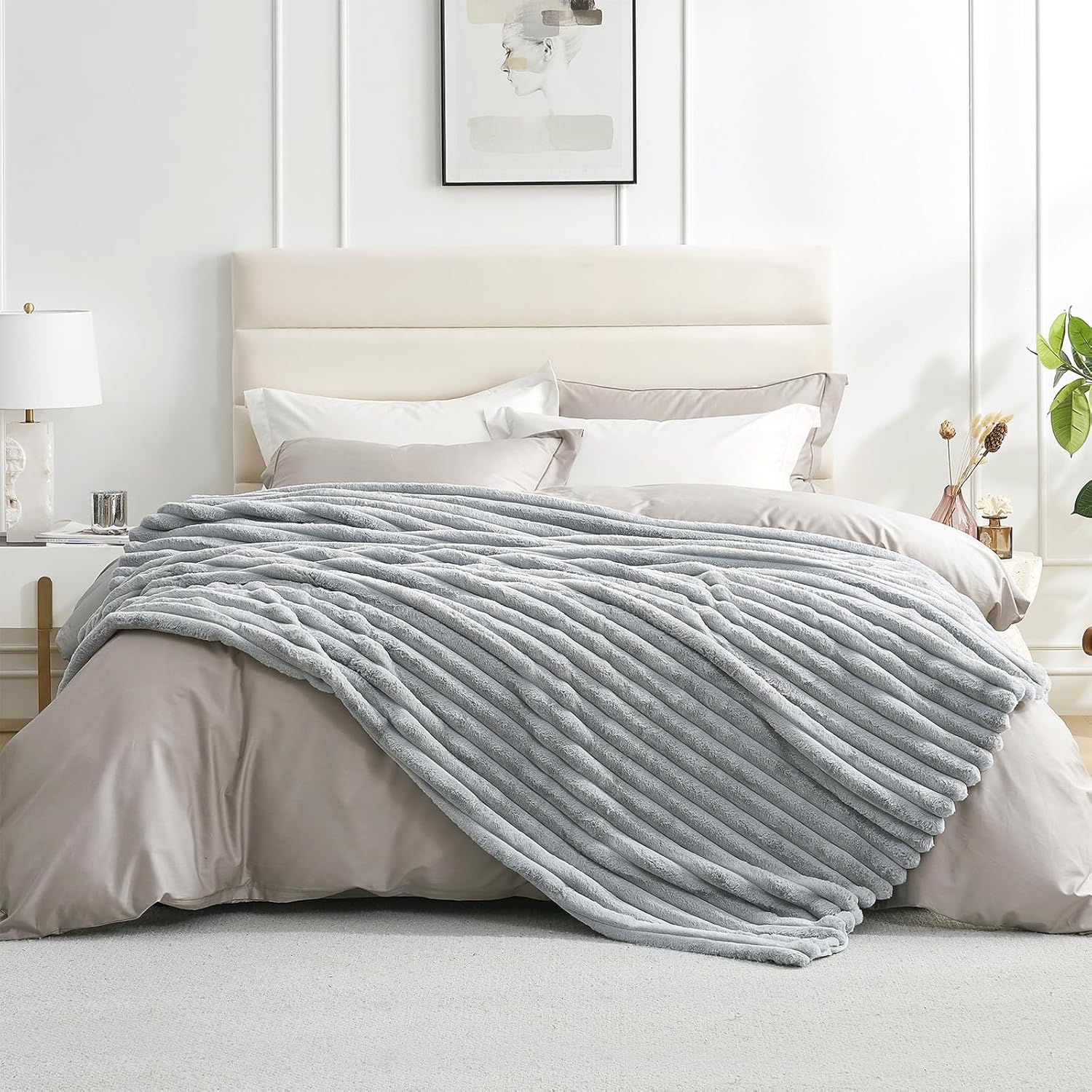 Beige Throw Pillow — 55" — Striped Light Gray