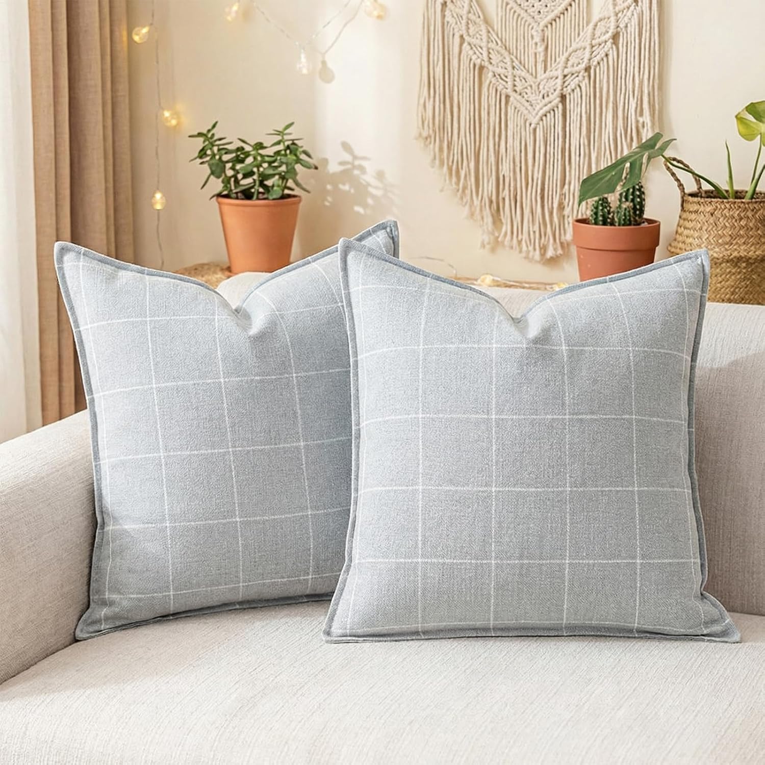 Linen Boho Beige Throw Pillow Cover — 20" — Gray & White Plaid Set of 2