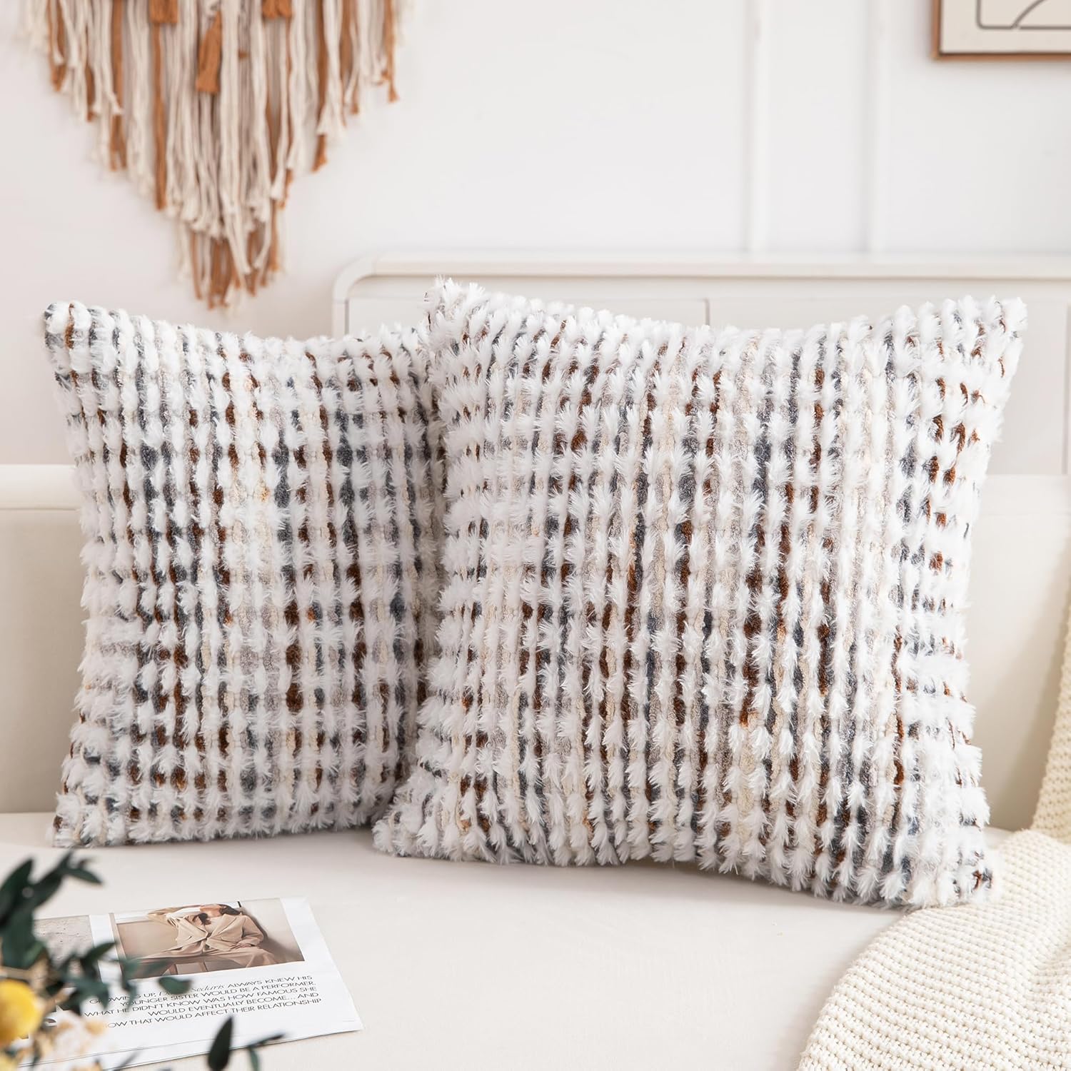 Tufted Boho Blue Throw Pillow Cover — 18" — Brown