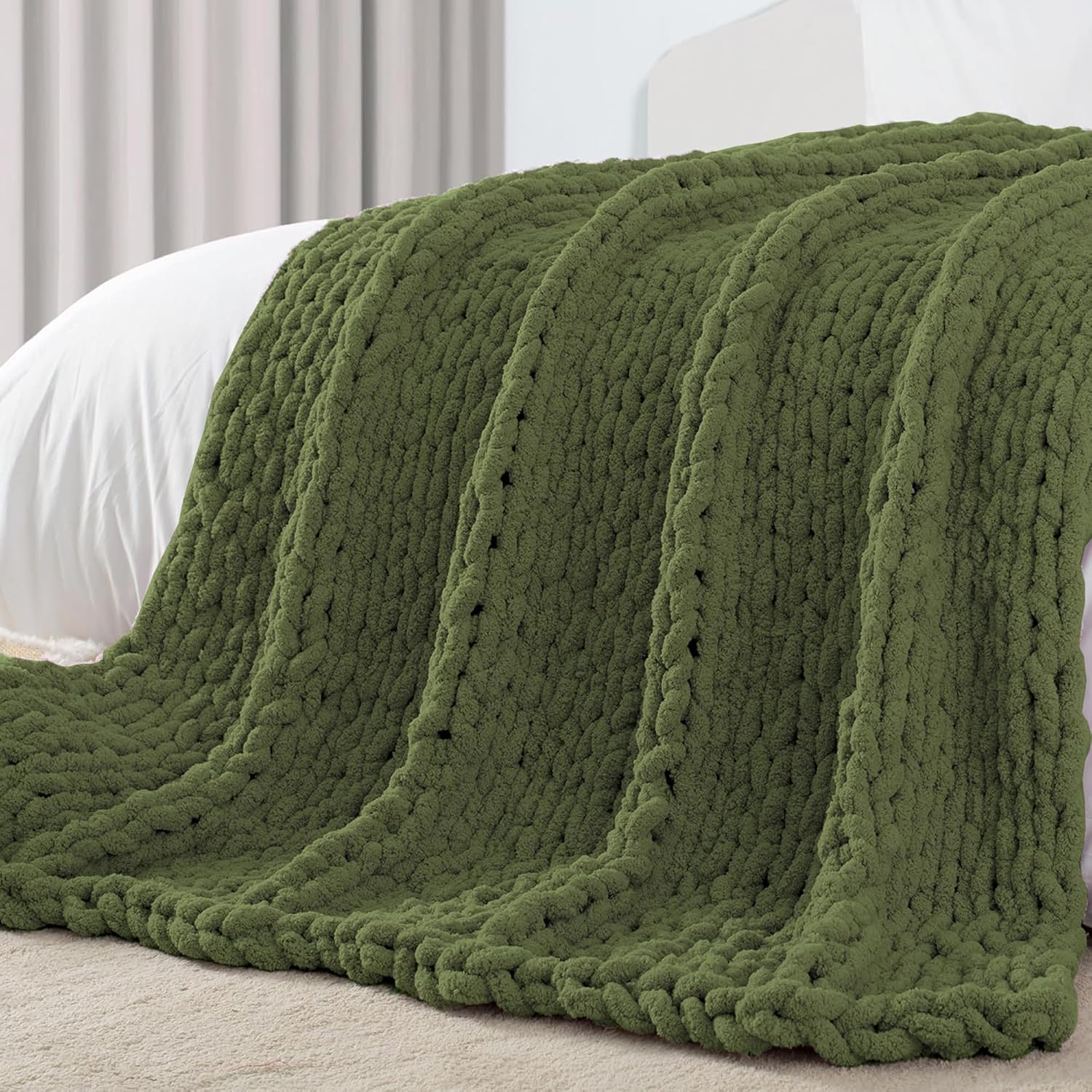 Knit Boho Beige Throw Pillow — 50" — Olive Green
