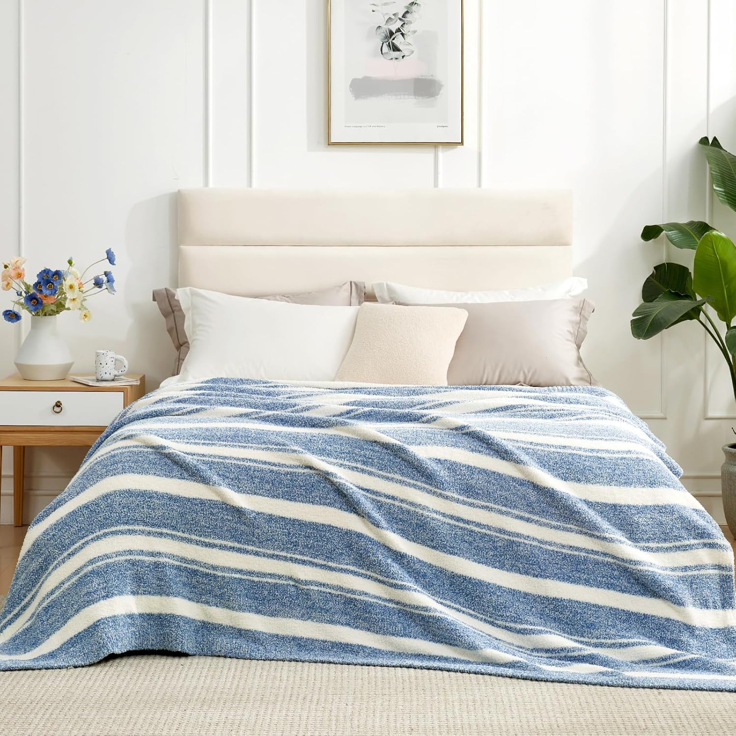 Knit Beige Throw Pillow — 50" — Stripe Blue