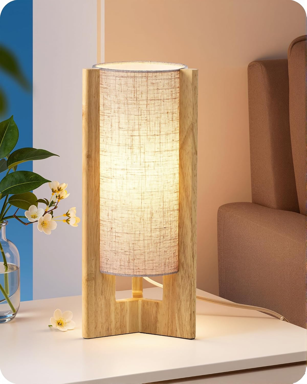 Linen Modern Beige Bedside Lamp — 13.5" — Natural Wood Color