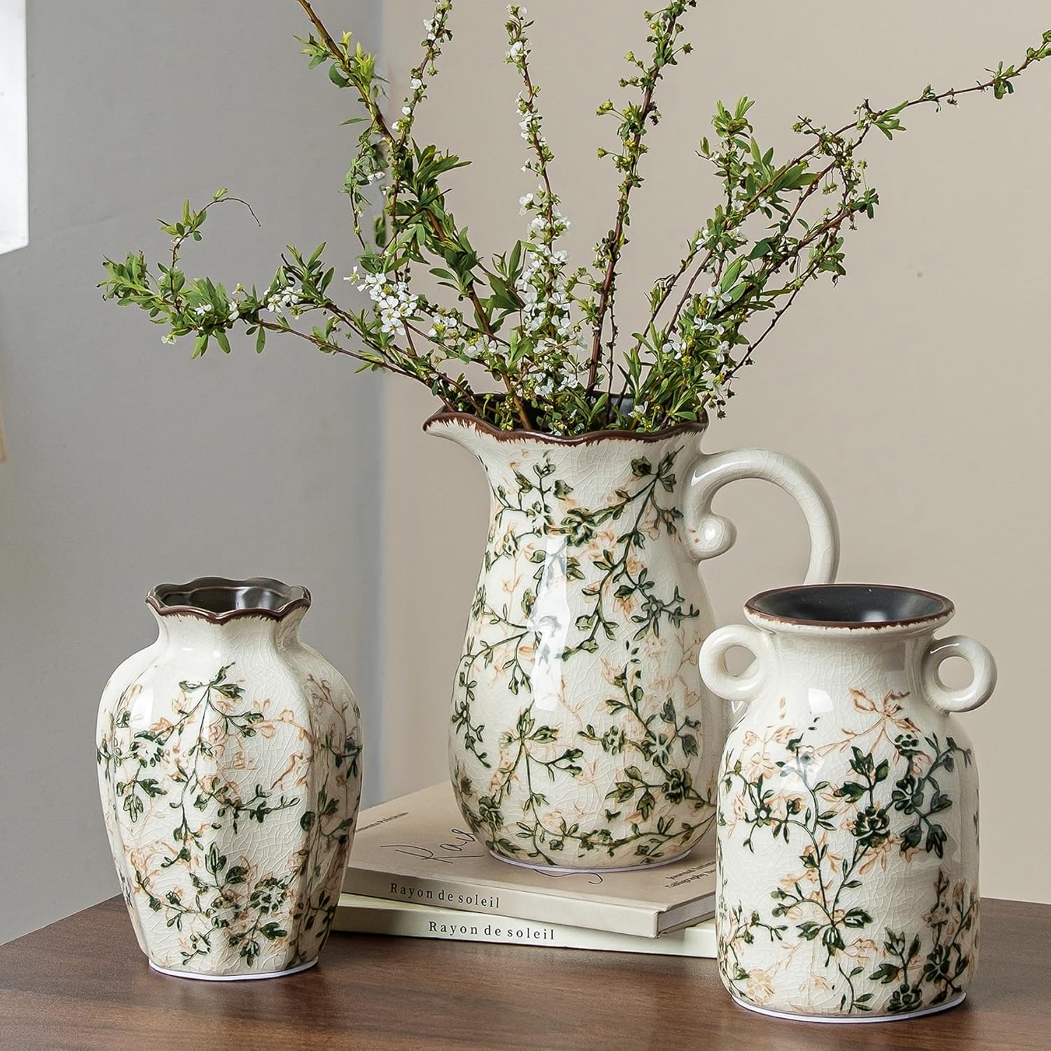 Vintage Farmhouse Beige Vase — 8" — 06-green and Beige-set of Three
