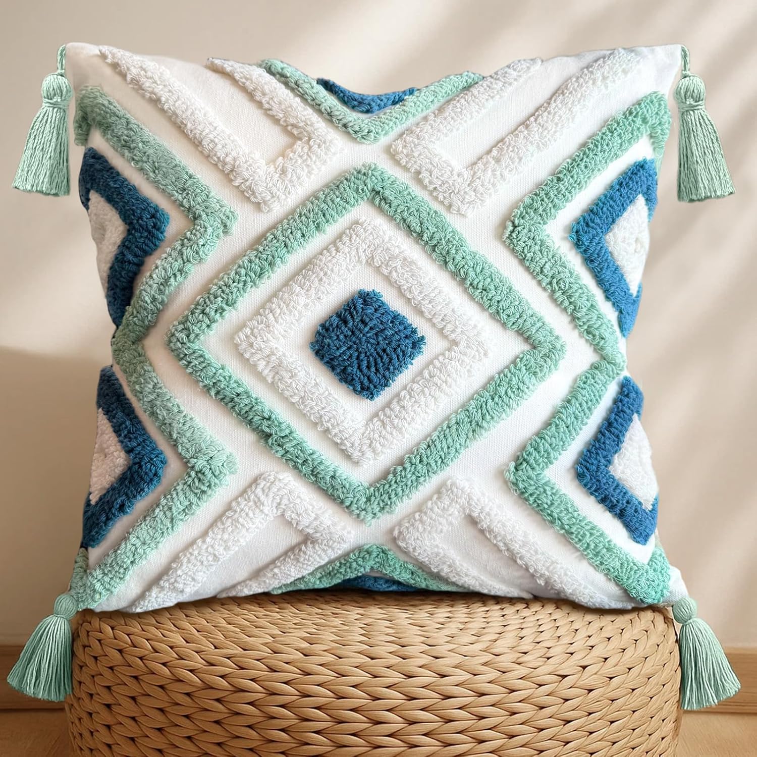 Tufted Boho Beige Throw Pillow Cover — 18" — Green Blue Rhomb