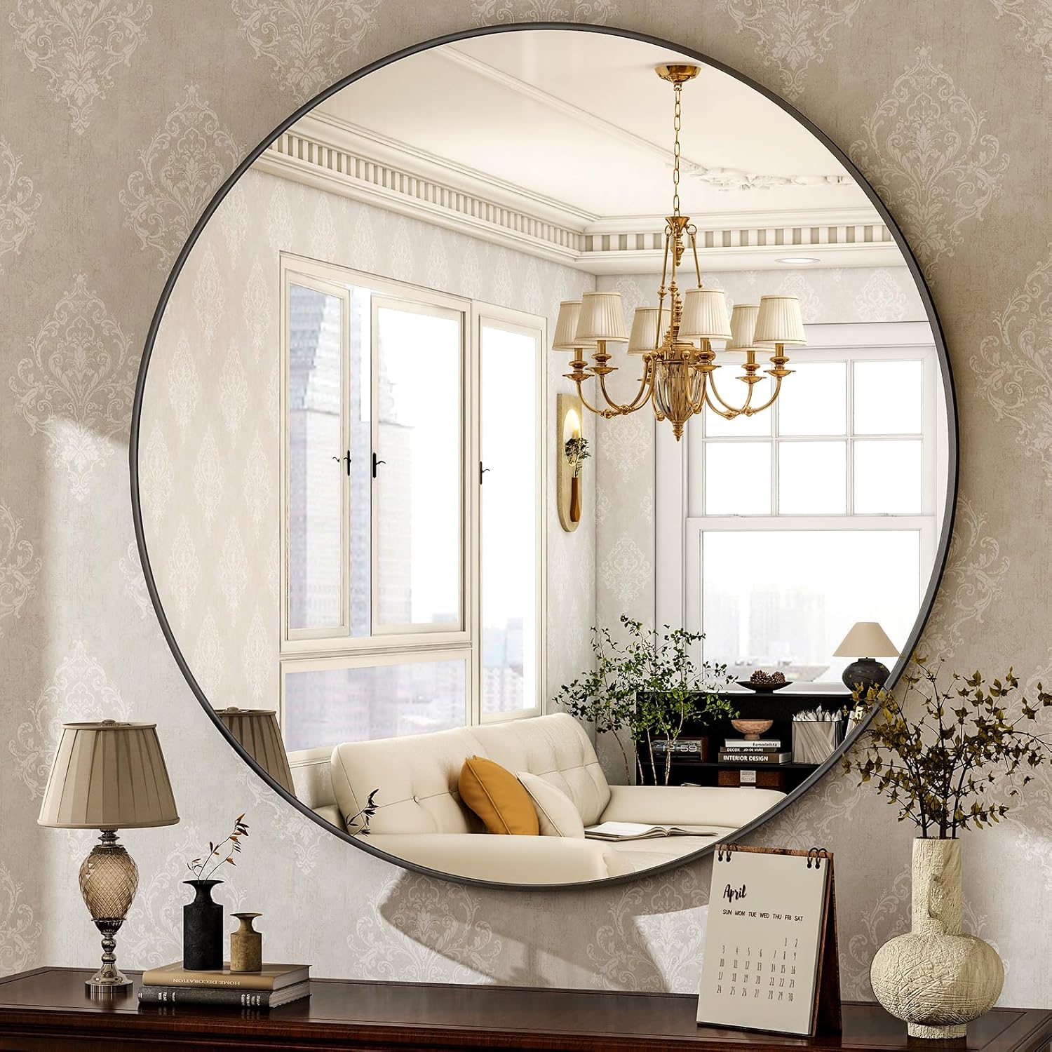 Luxe Black Round Mirror — 30" — 30"L x 30"W