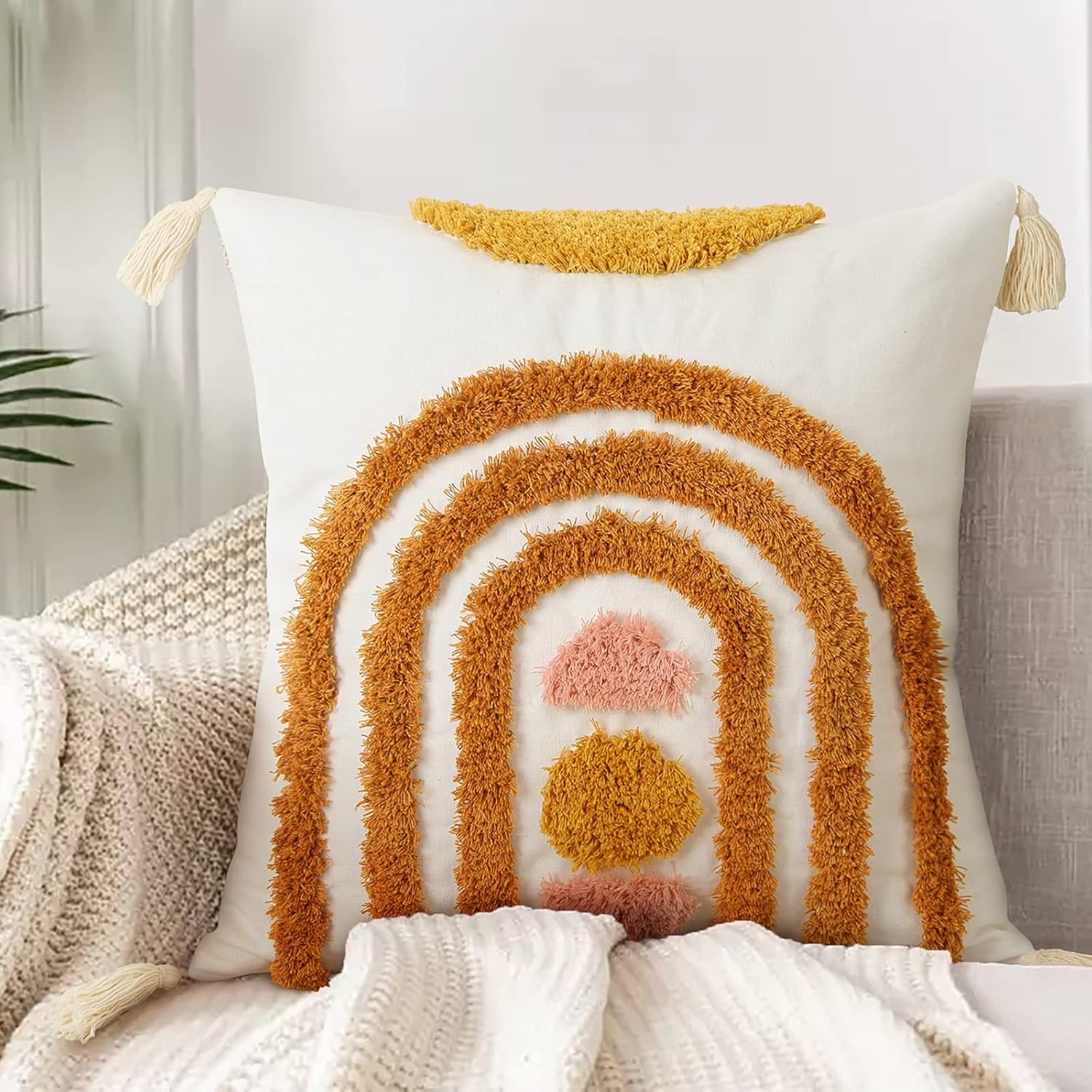 Tufted Boho Pink Throw Pillow Cover — 18" — E