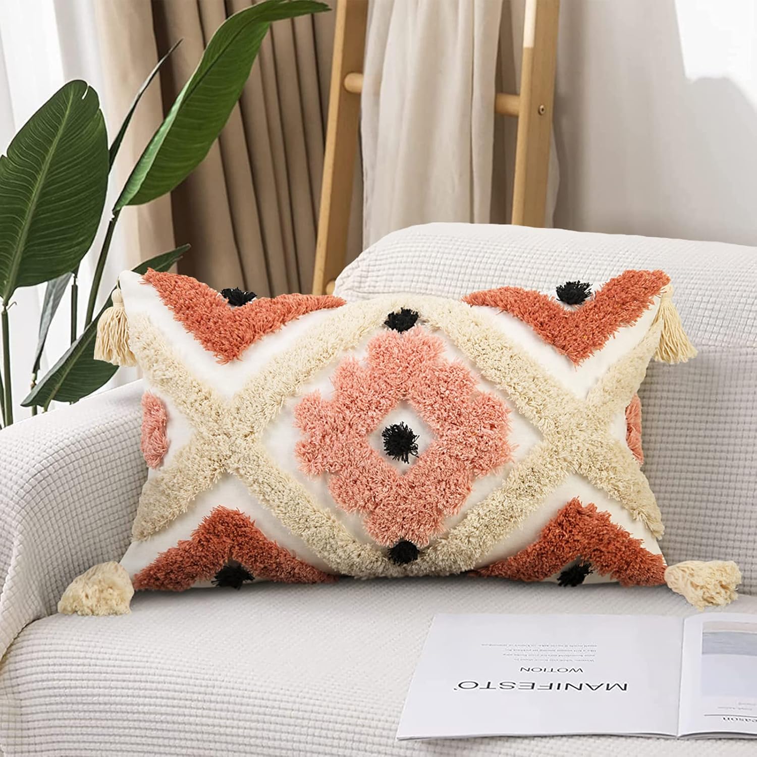 Tufted Boho Pink Throw Pillow Cover — 18" — C