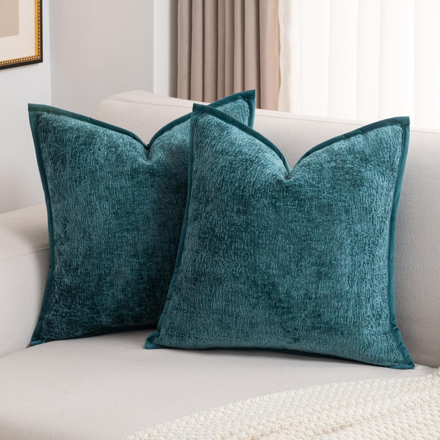 Chenille Beige Throw Pillow Cover — 20" — Teal