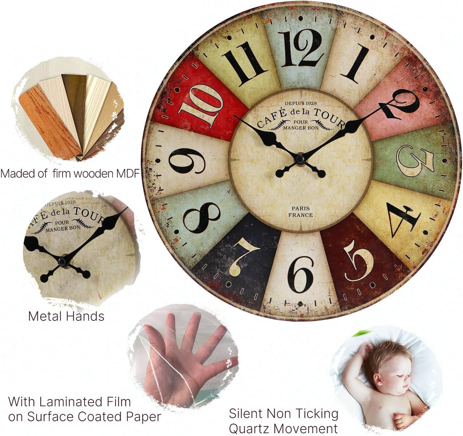 Battery Operated Farmhouse Wood Wall Clock — 12" - View 2