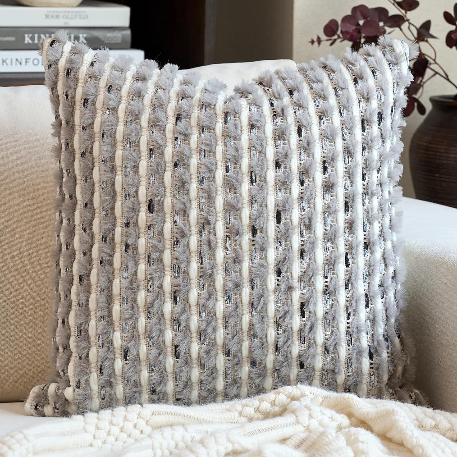 Tufted Boho Blue Throw Pillow Cover — 18" — Grey Blue