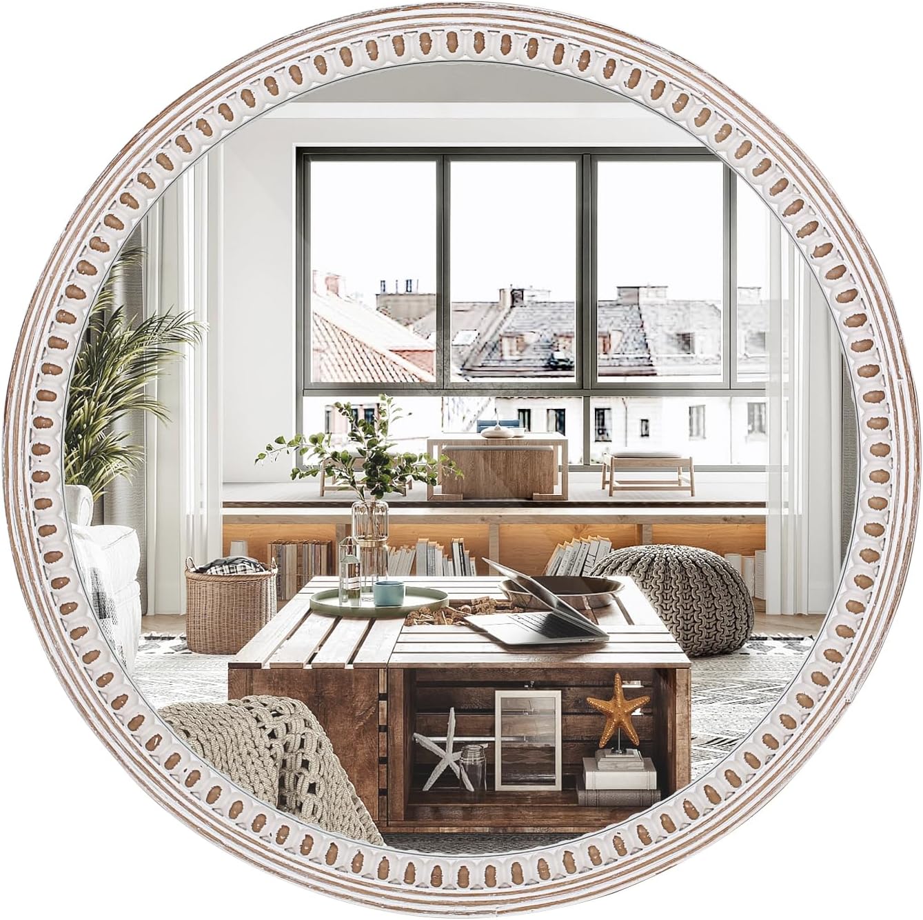 Round Farmhouse Wood Wall Mirror — 24" — Style 2